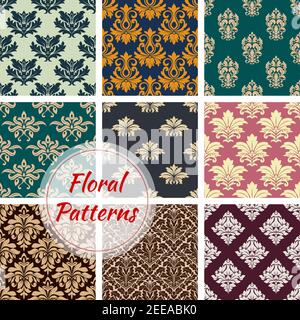 Floral ornaments pattern and seamless flowery decor tiles set. Vector flourish and ornate tracery patterns or adornments with ornamental vintage and a Stock Vector