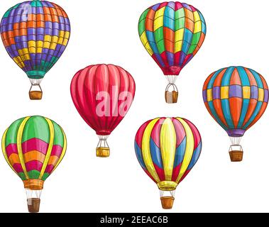 Hot air balloon with pattern ornament design. Vector sketch icons of isolated inflated hopper baloons or cloudhopper aircrafts with zig zag, stripes o Stock Vector