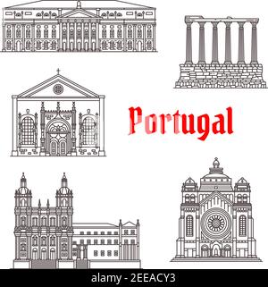 Portugal architecture and famous landmark buildings. Vector icons and facades of Santa Lucia Basilica, Sao Vicente de Fora Church or Monastery, Diana Stock Vector