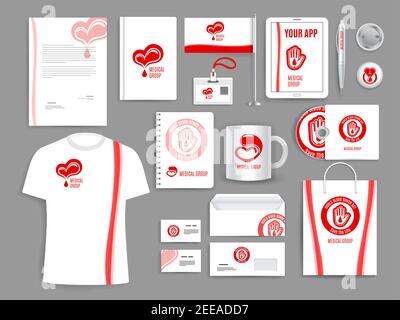 Blood donation medical organization vector promotion templates set of accessories and supplies. Isolated office stationery, business card, t-shirt and Stock Vector