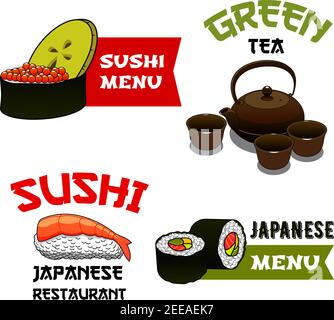 Sushi and rolls vector icons for Japanese seafood cuisine restaurant menu. Isolated symbols sushi and fish rolls with salmon, tempura prawn on steamed Stock Vector