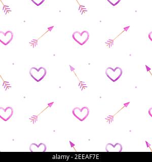 Valentine's day seamless pattern with hearts and cupid arrows in pink and purple colors. Watercolor illustration. Festive romantic design. Stock Photo