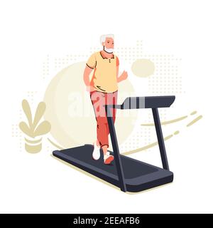 Active senior man on a treadmill at home. Lifestyle sport activities in old age. Sportive grandfather on training machine, cartoon character. Gym tool. Vector illustration in modern flat style. Stock Vector