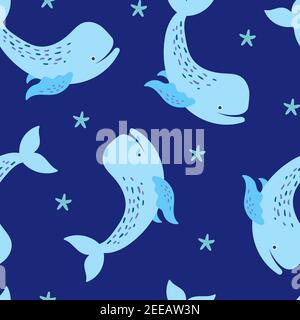 Seamless pattern with whale starfish. Vector Stock Vector
