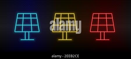 Neon icon set battery, solar. Set of red, blue, yellow neon vector icon Stock Vector