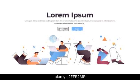 set mix race people using digital gadgets online communication concept isolated horizontal full length copy space vector illustration Stock Vector