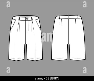 Short Bermuda dress pants technical fashion illustration with above-the-knee length, single pleat, low waist, rise, slashed pocket. Flat walking bottom front, back, white color. Women, men CAD mockup Stock Vector