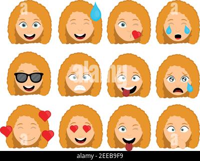 Vector illustration of emoticons of the head of a cartoon woman with various expressions and emotions, of joy, love and angry Stock Vector