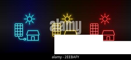 Neon icon set solar, charger, home. Set of red, blue, yellow neon vector icon Stock Vector