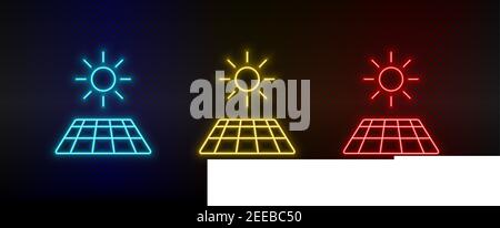 Neon icon set solar, sun, charger. Set of red, blue, yellow neon vector icon Stock Vector