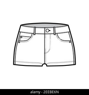 Denim hot short technical fashion illustration with micro length, curved, coin, angled 5 pockets, low rise waist. Flat bottom apparel template front, white color style. Women, men, unisex CAD mockup Stock Vector