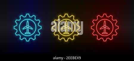Neon icon set setting, wind energy, battery. Set of red, blue, yellow neon vector icon Stock Vector