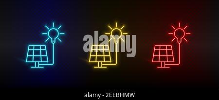 Neon icon set solar, charger, sun. Set of red, blue, yellow neon vector icon Stock Vector