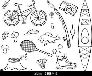 Set of doodle forest camping design elements. Hand drawn hiking and ...