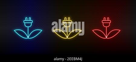 Neon icon set charging, eco, plants. Set of red, blue, yellow neon vector icon Stock Vector