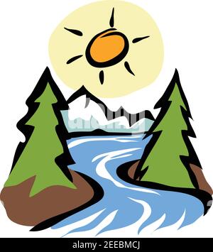 Summer landscape with backwaters, forest and clouds stock illustration vector Stock Vector