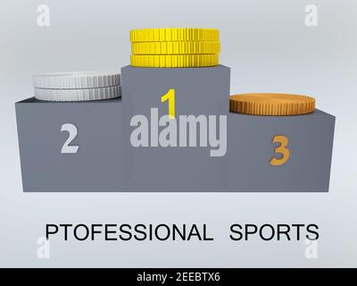 3D illustration of various coins piles on a podium and PTOFESSIONAL SPORTS title, isolated over faint blue gradient background. Stock Photo
