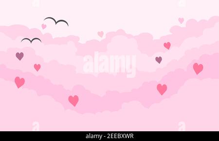 Soft clouds in pink sky with hearts and birds, cloud love background, vector Stock Vector