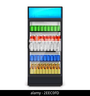 Vending machine. Cans and bottles with blank labels on the shelves. Vector 3d illustration isolated on white Stock Vector