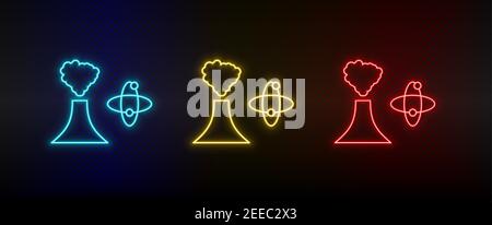 Neon icon set buildings, Vulcan, atom. Set of red, blue, yellow neon vector icon Stock Vector