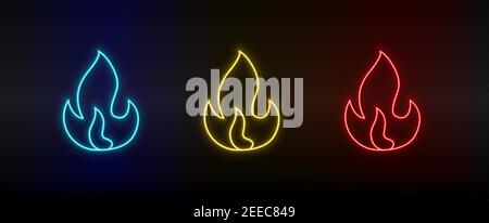 Neon icon set burning, fire. Set of red, blue, yellow neon vector icon Stock Vector