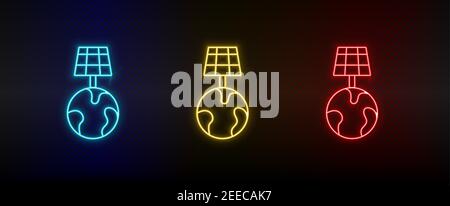 Neon icon set earth, solar, energy. Set of red, blue, yellow neon vector icon Stock Vector