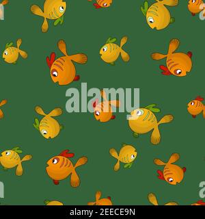 Seamless pattern with cute fish on green background. Vector cartoon animals colorful illustration. Adorable character for cards, wallpaper, textile Stock Vector