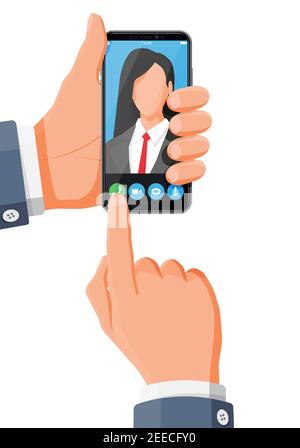 Incoming video call on smartphone. Video chat with female character. Photo of woman, decline and accept buttons on screen. Online meeting, videocall, webinar or training. Flat vector illustration Stock Vector