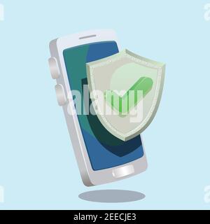 Shield Check Mark , defender protection smartphone 3d like vector illustration icon Stock Vector