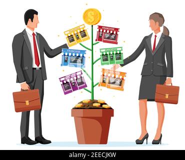 Successful franchise money tree and business people. Franchising shop building or commercial property. Real estate business promotional, sme. Selling buying new business. Flat vector illustration Stock Vector