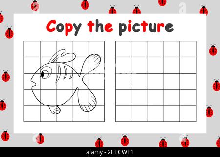 Copy the picture. Educational game for children. Cute fish. Drawing activity for kids. Colorful cartoon vector illustration. Stock Vector