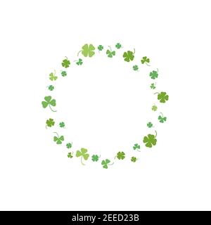 Clover garland on white background. St Patrick day greeting card with shamrock wreath and sky. Irish. Vector flat illustration. Good for text and card Stock Vector