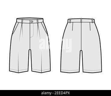 Short Bermuda dress pants technical fashion illustration with above-the-knee length, single pleat, normal waist, high rise. Flat walking bottom front, back, grey color style. Women, men CAD mockup Stock Vector