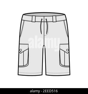 Short cargo technical fashion illustration with mid-thigh length, low ...
