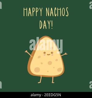 Happy Nachos Day. Cute happy funny yellow colored nacho. Vector cartoon character illustration icon design isolated on green background Stock Vector