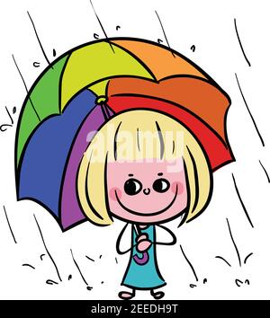 Kid holding Umbrella in Rainy Day Spring stock illustration vector Stock Vector