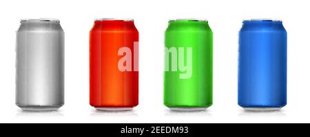 Set of realistic colored cans for beverages isolated on white background. Vector 3d illustration. Stock Vector