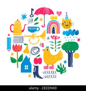 Abstract modern art design with hand drawn doodle elements. Stock Vector