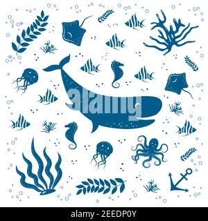 Sea life set. Hand drawn whale, fish, sea horse, octopus, jellyfish, stingray and algae. Vector illustration on white background Stock Vector