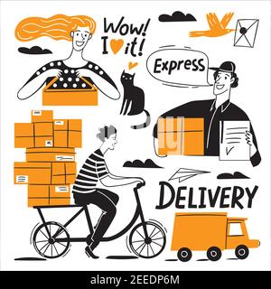 Delivery business doodle style infographic design vector set Stock Vector