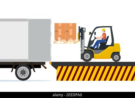 Forklift loading pallet boxes into truck. Warehouseman with checklist. Electric uploader loading cardboard boxes in delivery car. Logistic shipping ca Stock Vector