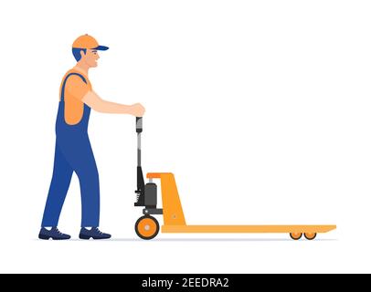 Man with hand pallet jack Stock Vector