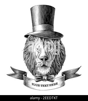 The lion man logo with banner hand draw vintage engraving illustration black and white clip art isolated on white background Stock Vector