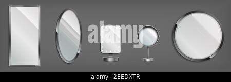 3d mirrors, make up table and wall decorative glasses in round, oval and rectangular frames. Makeup or interior furniture reflecting glass surfaces. Realistic vector templates, isolated icons set Stock Vector