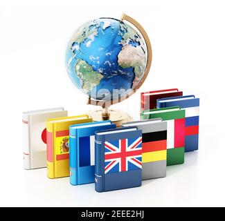 Earth globe model and dictionaries with various flags isolated on white background. 3D illustration. Stock Photo