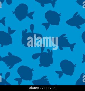 Seamless pattern with cute fish silhouette on blue background. Vector cartoon animals illustration. Adorable character for cards, wallpaper, textile Stock Vector