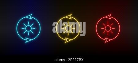 Neon icon set sun, energy, eco. Set of red, blue, yellow neon vector icon Stock Vector