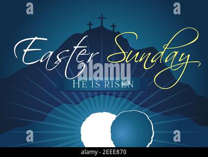 Easter Sunday, He is risen. Greetings, invite vector card. Calvary sunrise with three crosses, open lighting empty cave and stone. Religious symbol. I Stock Vector