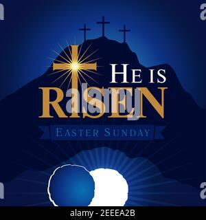 Easter Sunday, He is risen. Greetings, invite vector card. Calvary sunrise with three crosses, open lighting empty cave and stone. Religious symbol. I Stock Vector