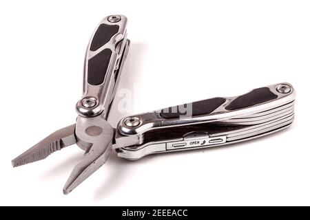 Steel multitool knife isolated on white background Stock Photo
